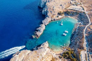Aerial view of St. Paul's beach in Lindos