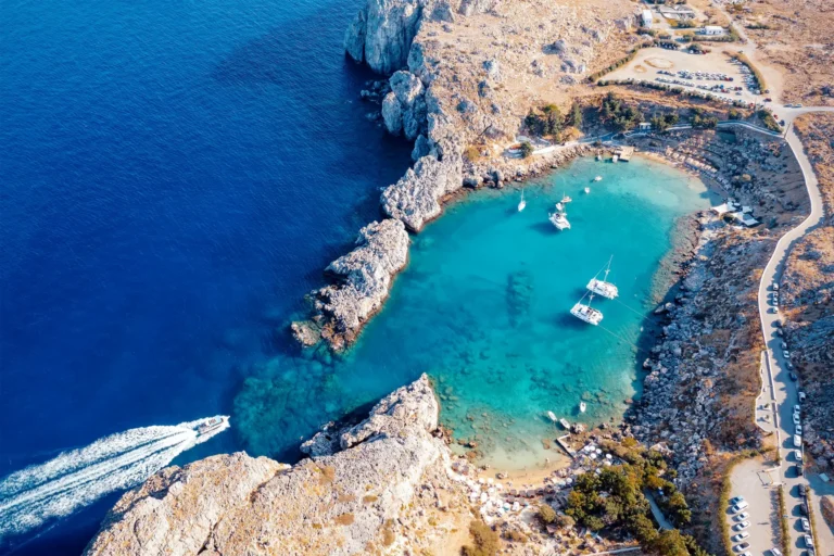 Aerial view of St. Paul's beach in Lindos